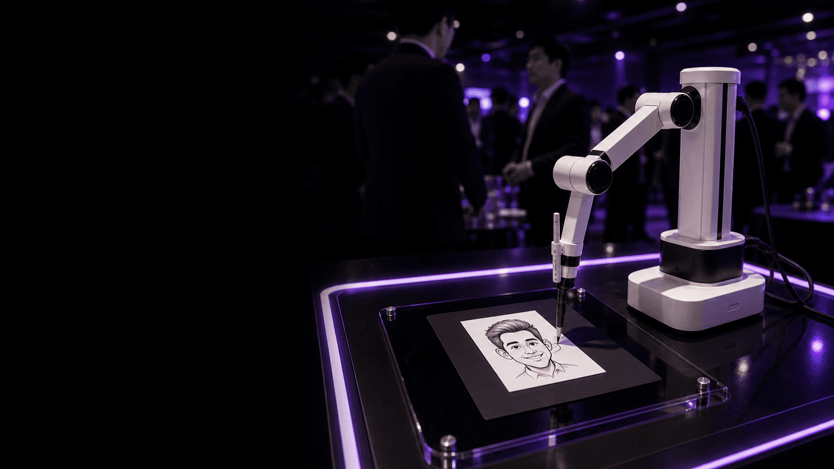 Robotic arm drawing an AI caricature at a live event